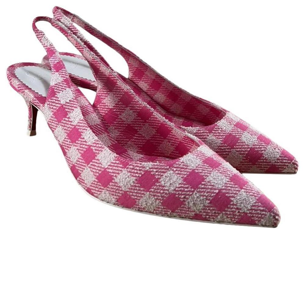Kate Sling 55mm Gingham Pink White tweed Slingback Kitten Heels E567